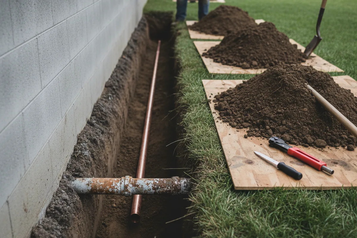Excavated water line trench during Water Softener Installation in Lapine